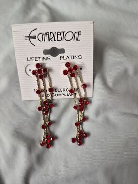 3/30 Red Crystal Drop Earrings - Gold Tone